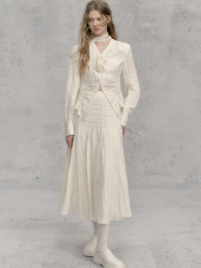 Rose French V-Neck Micro-Waist Shirring Shirt & Skirt