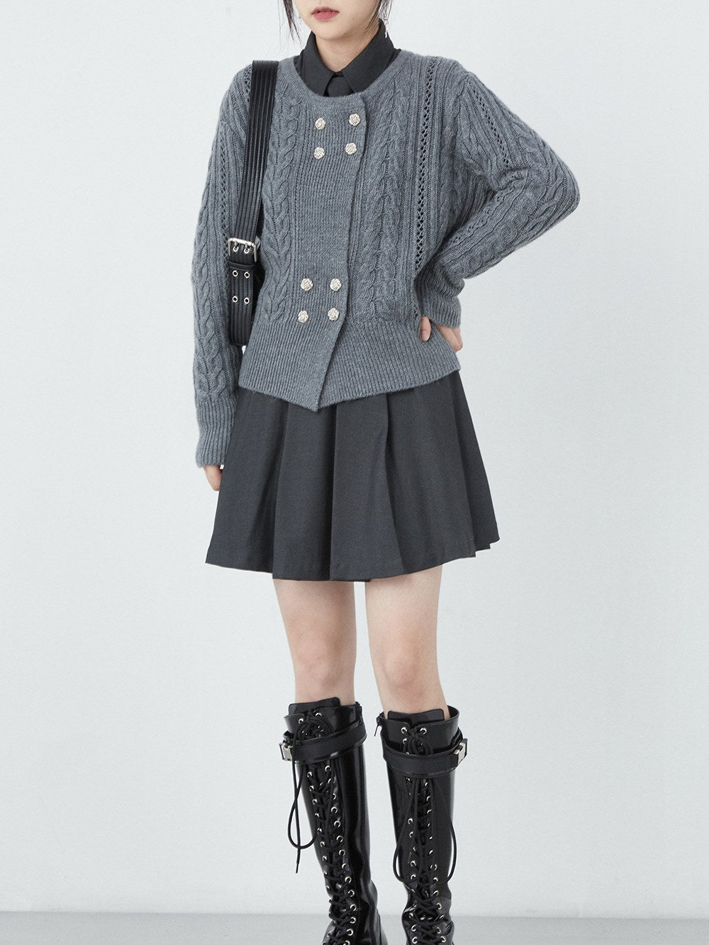Double-breasted Round Neck Cable Cardigan