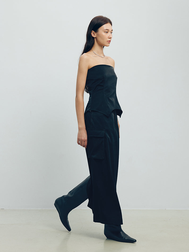 Denim Leather Straight Long Skirt