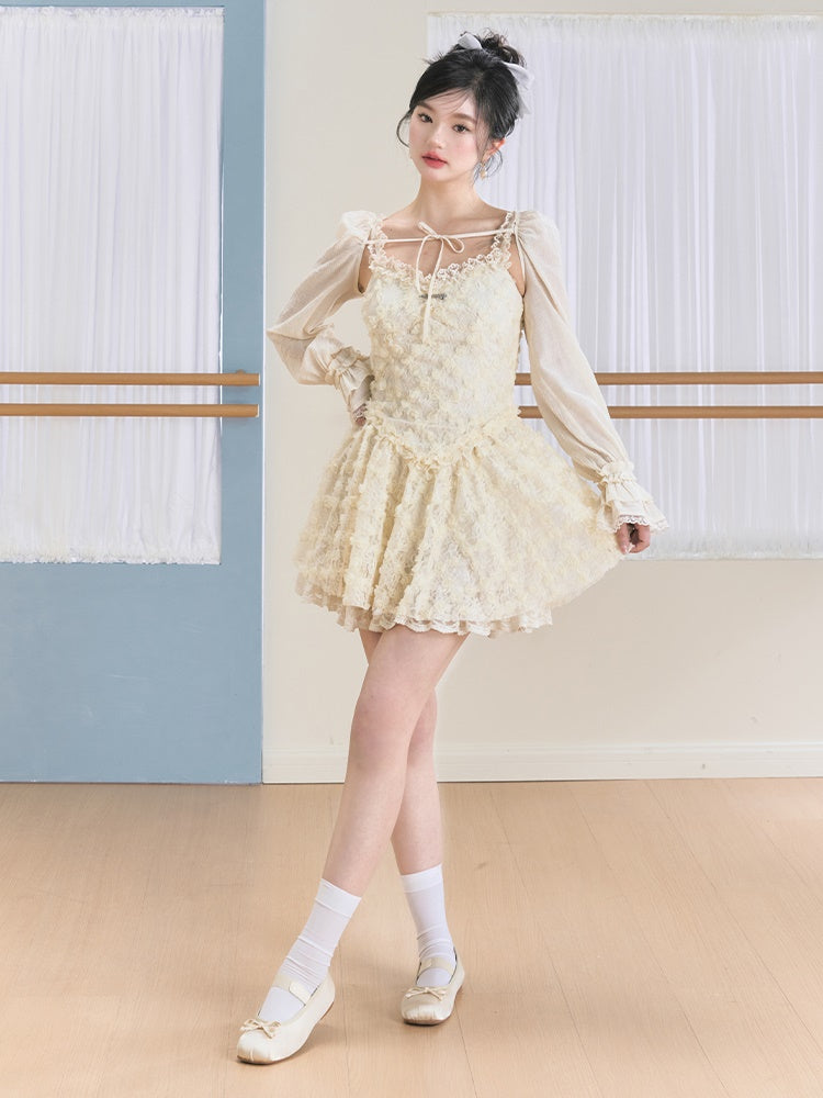 Flower Suspenders Fluffy Dress & Sunscreen Long-sleeved