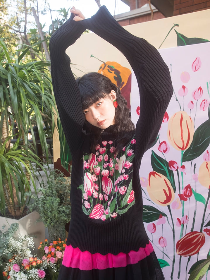 Tulip Pattern Half Turtreneck Loose Sweater