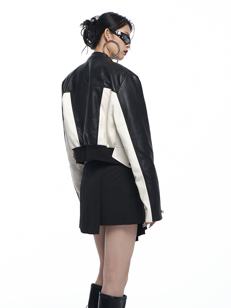 Contrast Color Stand Collar Short Leather Jacket