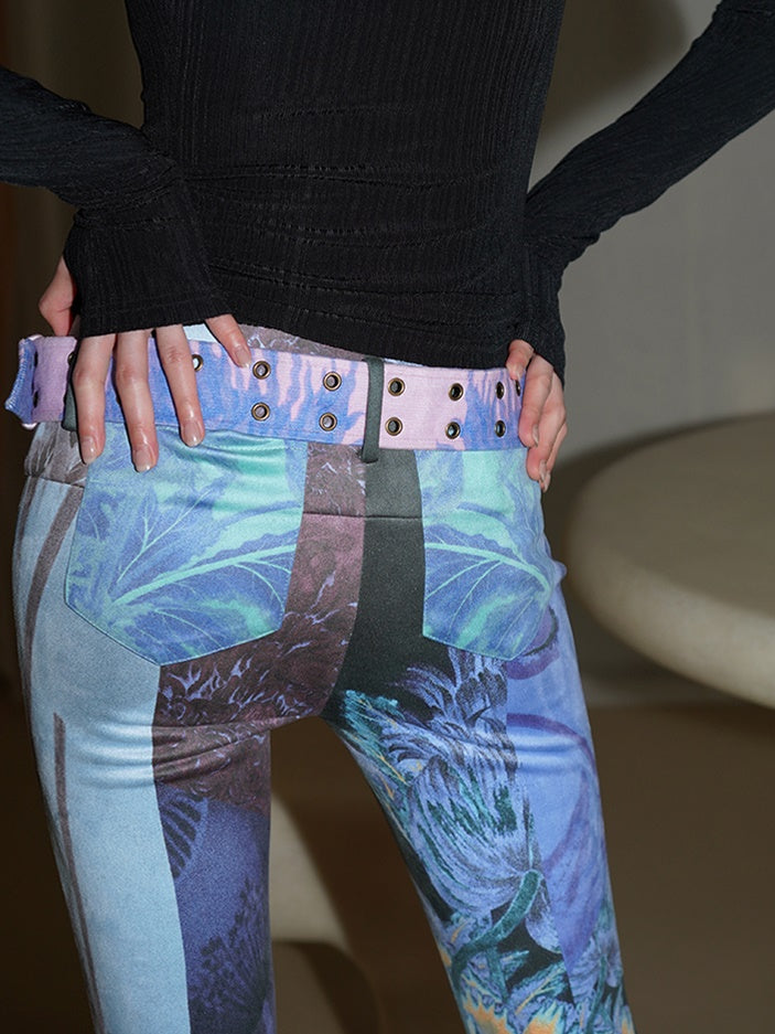 Vintage Print Slim Fit ausgestoßener Hosen mit Gürtel