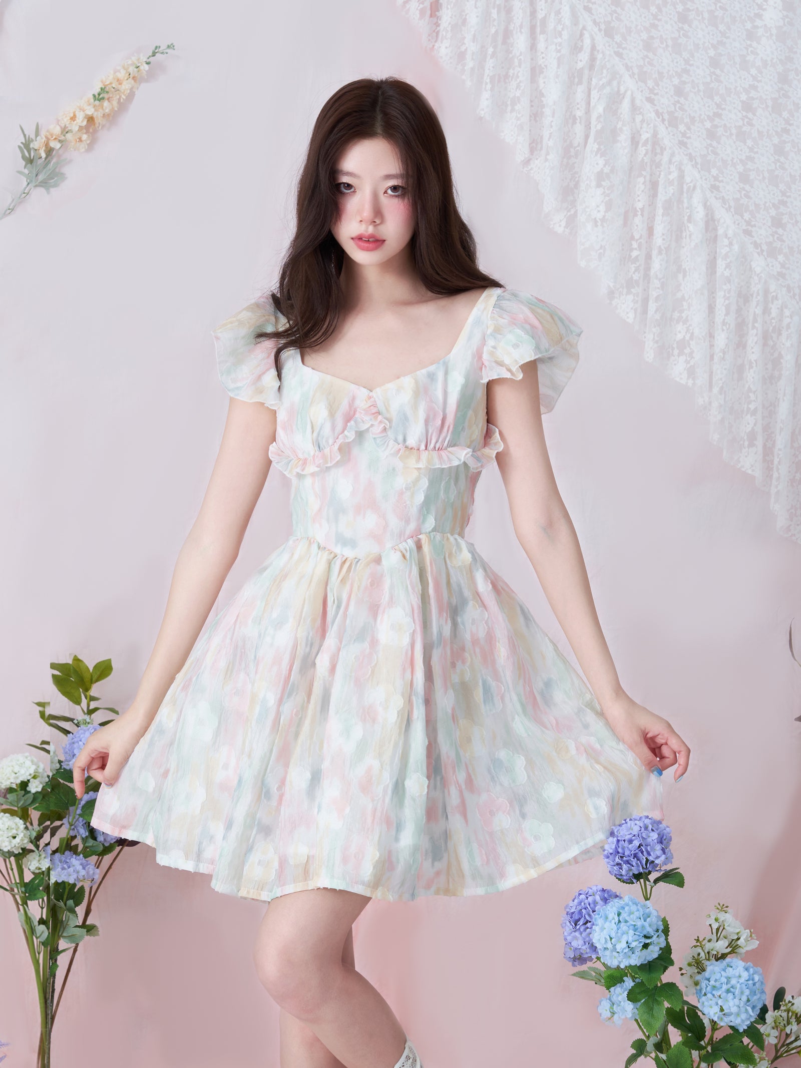 넥타이 염색 프릴 달콤한 꽃 원피스