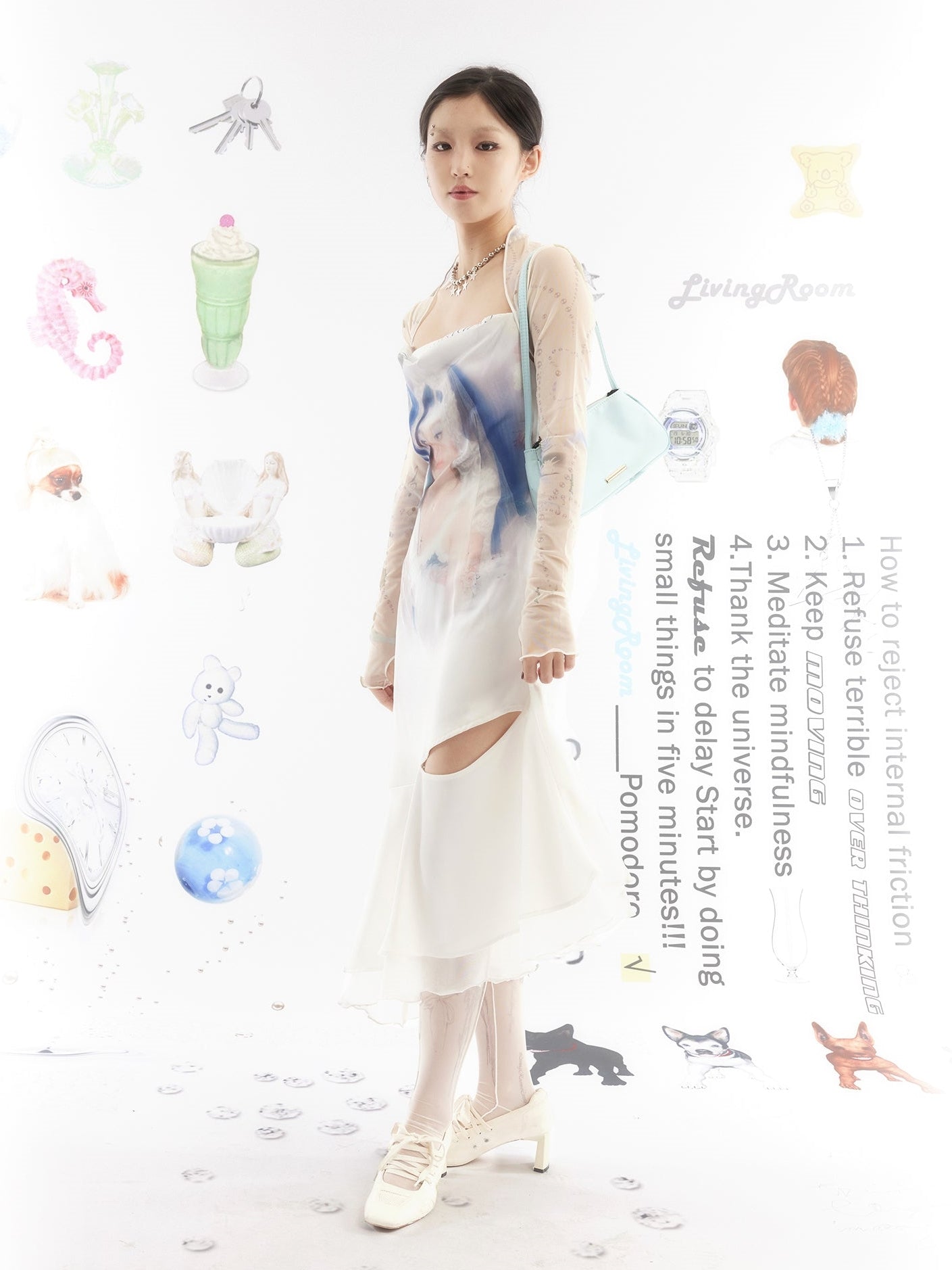 초상화 인쇄 비대칭 헴 슬립 드레스