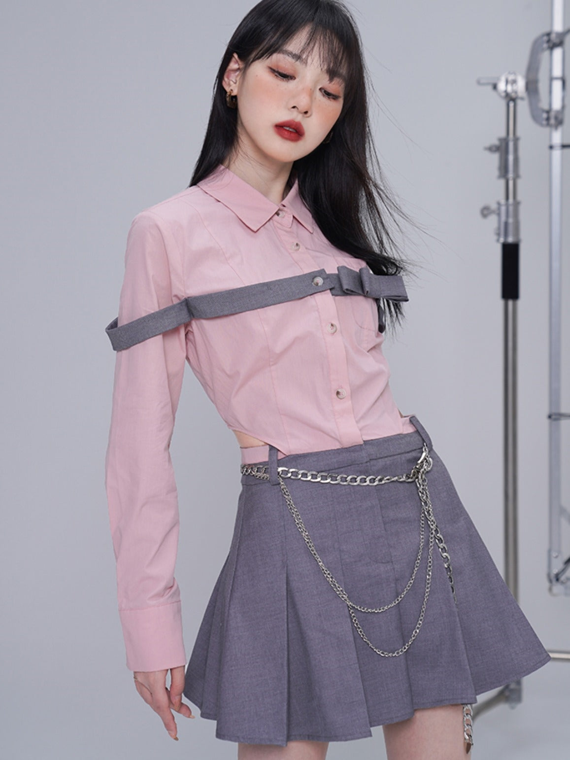 보우 스티칭 셔츠 주름 드레스