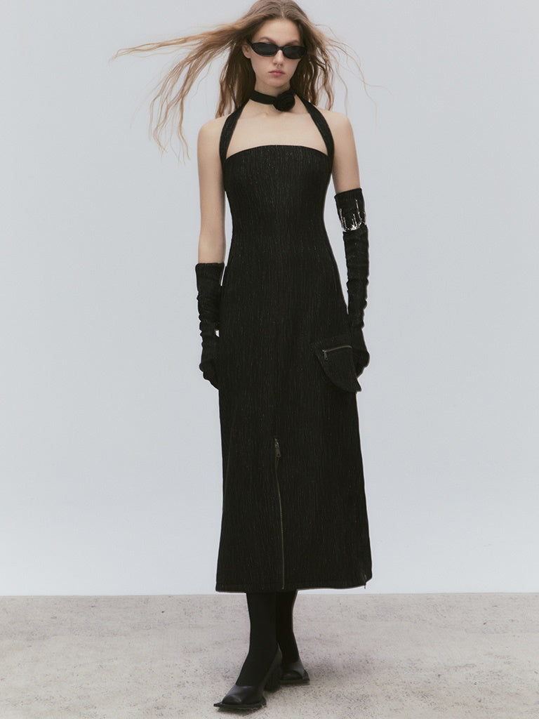 Hanging Neck Zipper Waist Strap Dress