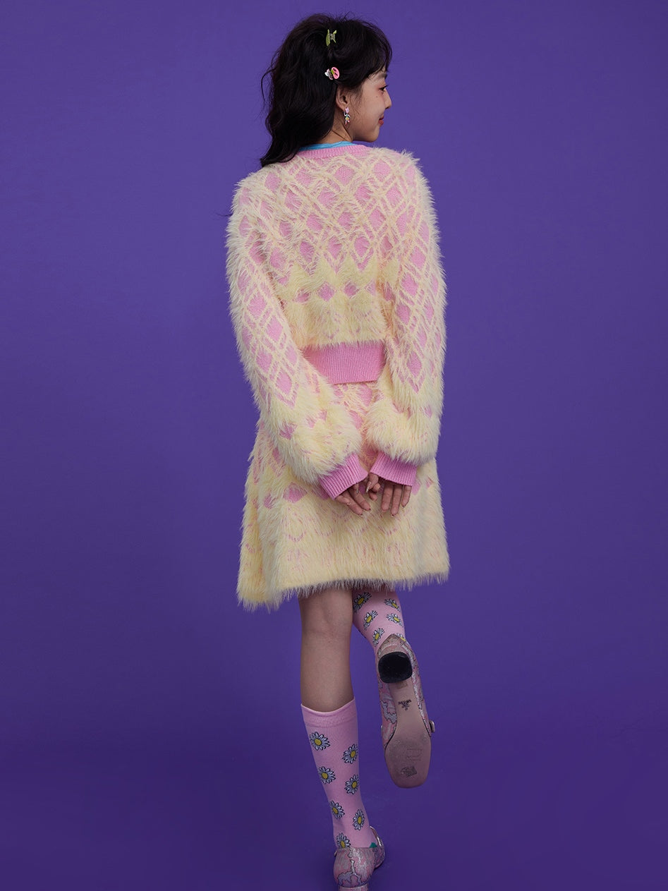 Diamond Check Plush Cardigan & Knitted Skirt