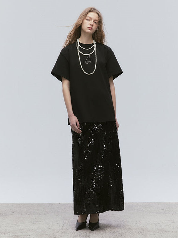 영어 자수 둥근 목 티셔츠