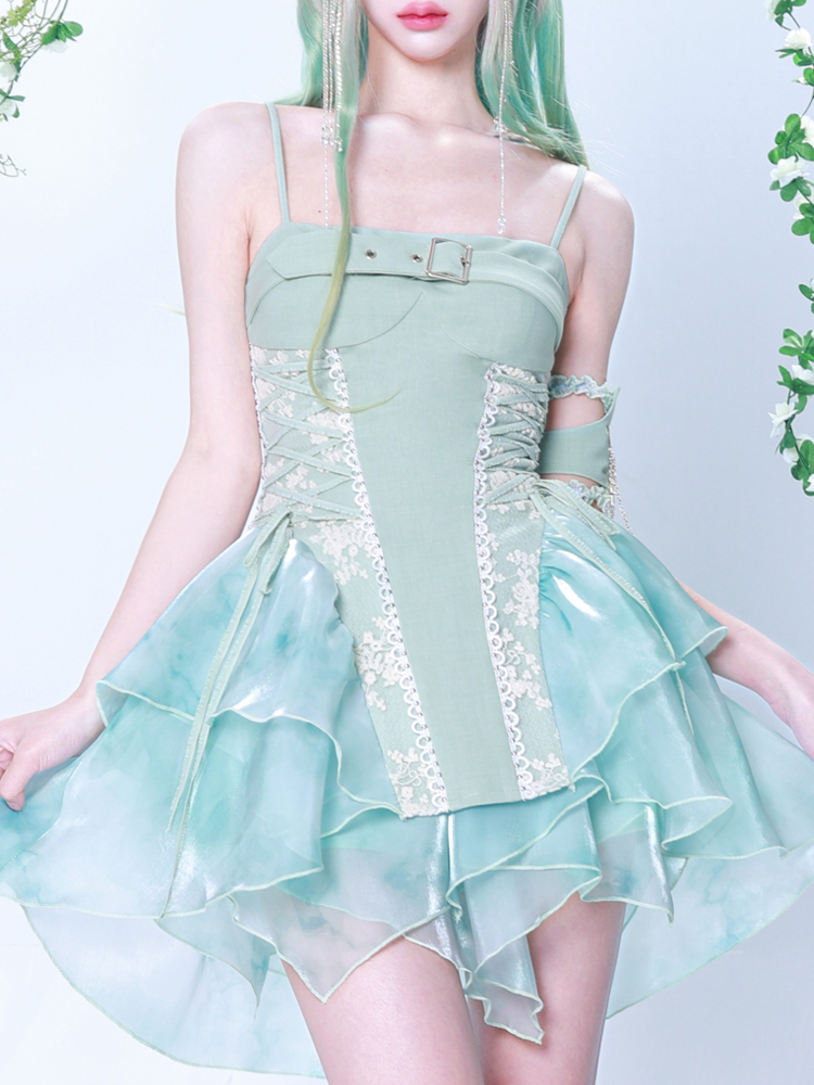 Lace Stitching Tie-Dye Print Suspender Dress