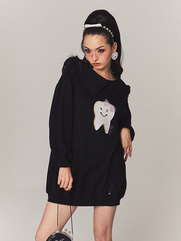Teeth Oversize Damage Frill Casual Pop Pullover