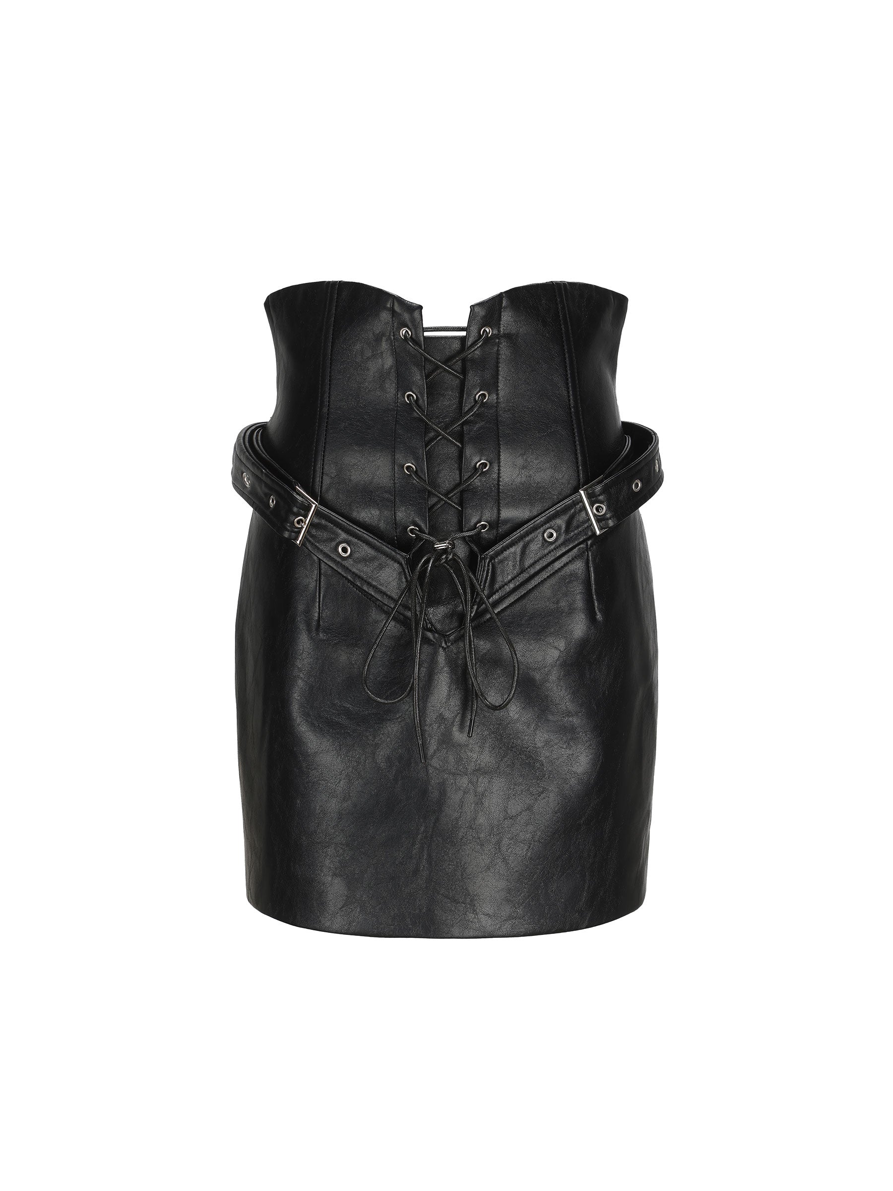 Leather Handsome Cool Lace-up Tops&Skirt