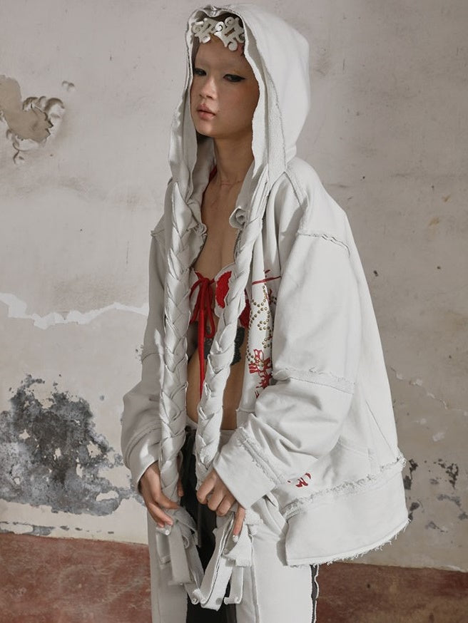 꼰 인쇄 리벳 느슨한 지퍼 업 파카