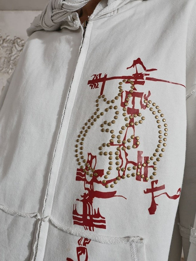 꼰 인쇄 리벳 느슨한 지퍼 업 파카