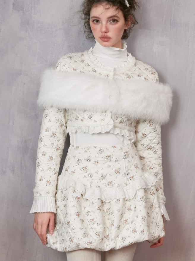 Veste courte et jupe courte en coton floral sans col