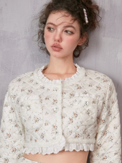 Veste courte et jupe courte en coton floral sans col