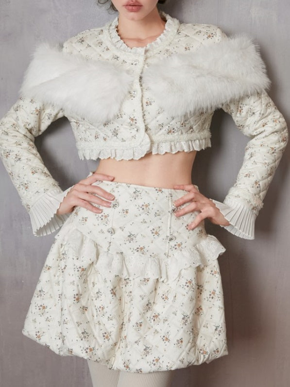 Veste courte et jupe courte en coton floral sans col