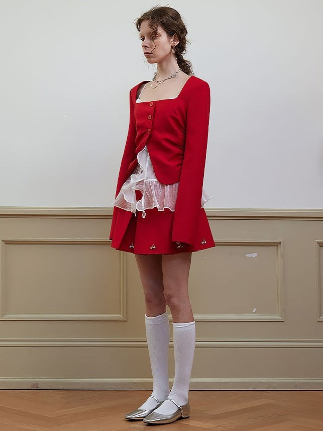 SQUARE COLLAR SHIRRING WAIST JACKET