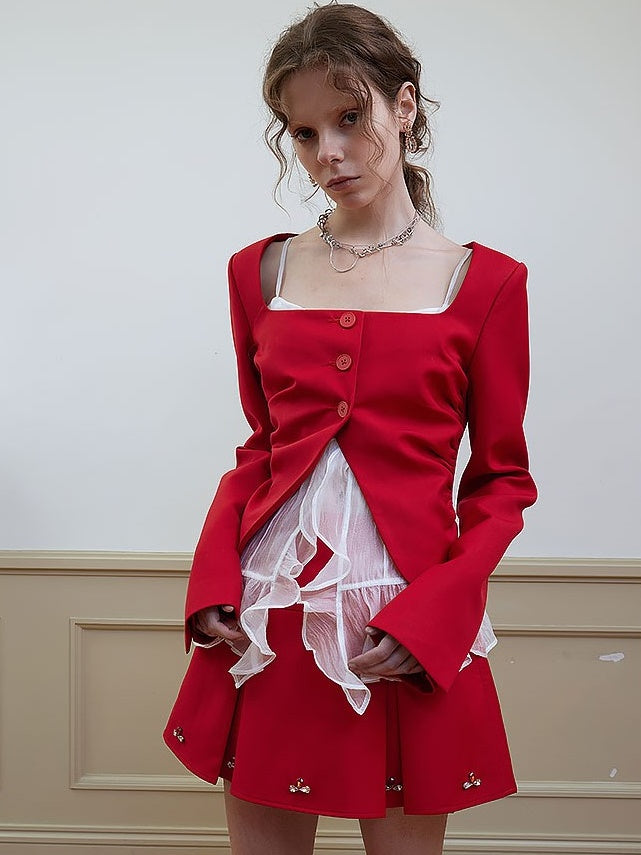 SQUARE COLLAR SHIRRING WAIST JACKET