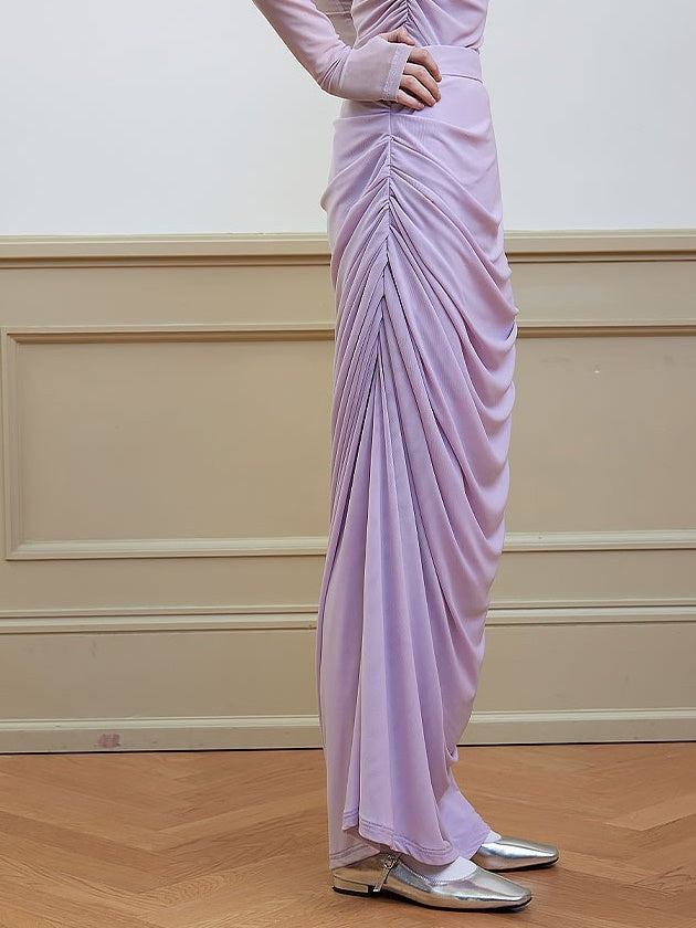 Draped Shirred Irregular Straight Long Skirt