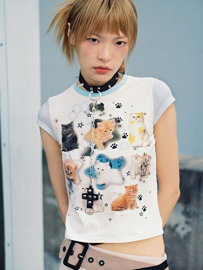 고양이 프린트 짧은 슬리브 티셔츠