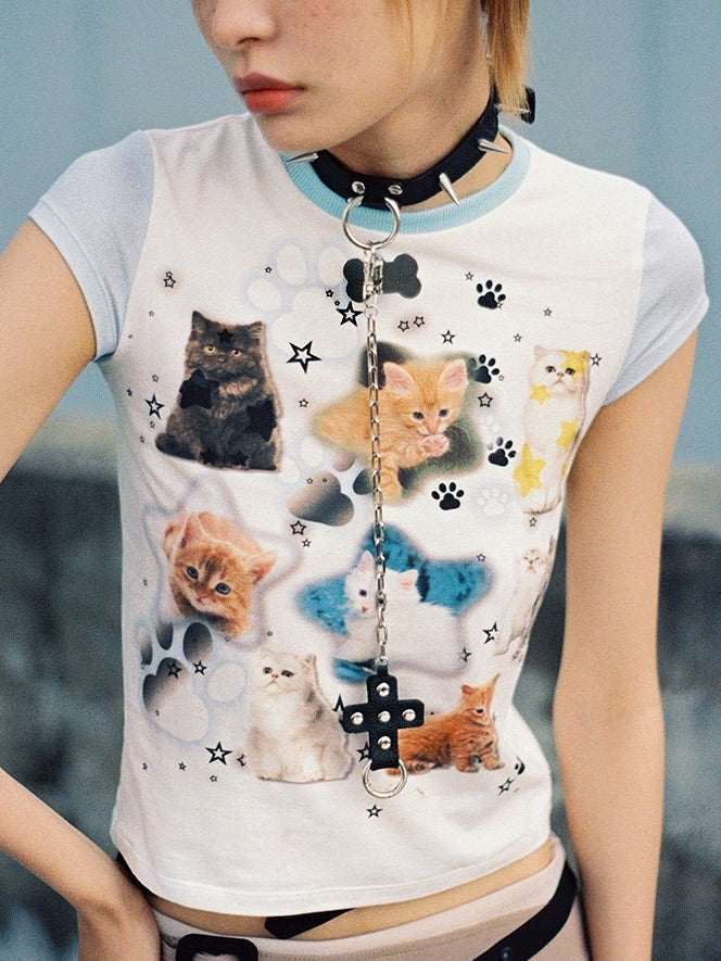 고양이 프린트 짧은 슬리브 티셔츠