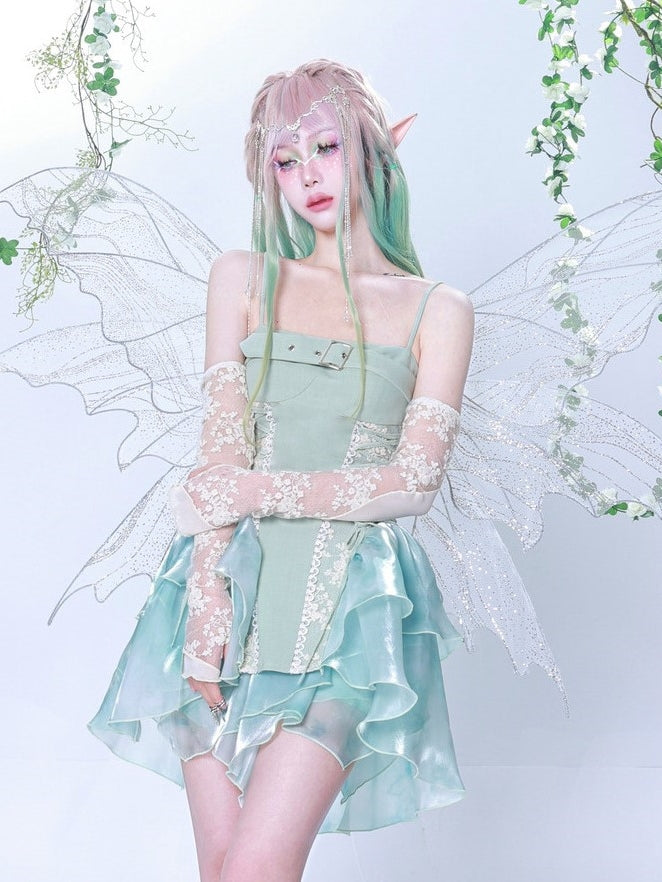 Lace Stitching Tie-Dye Print Suspender Dress