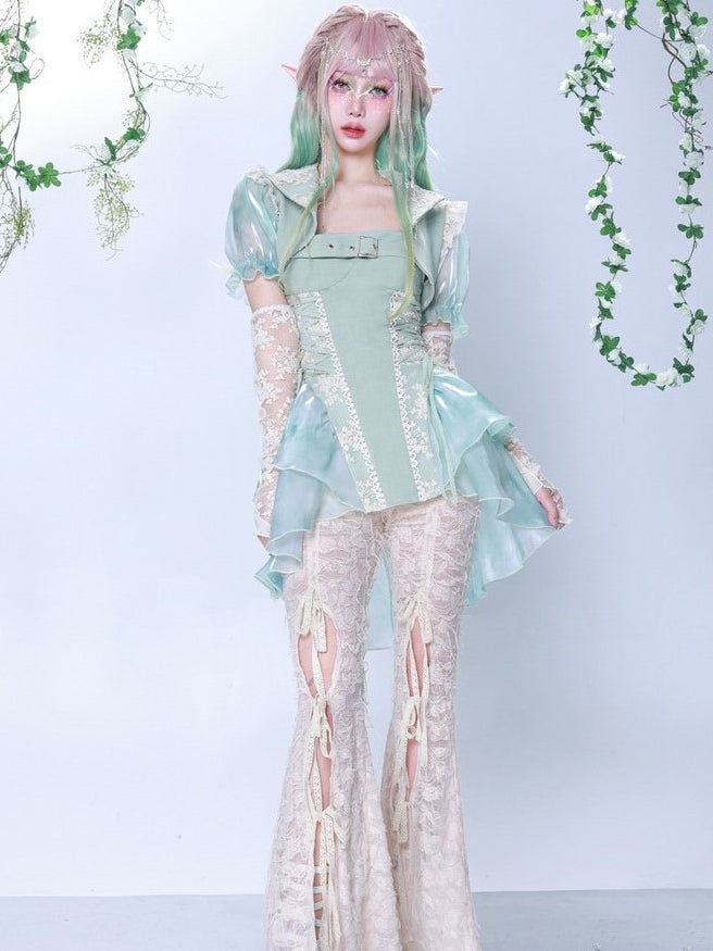 Lace Stitching Tie-Dye Print Suspender Dress