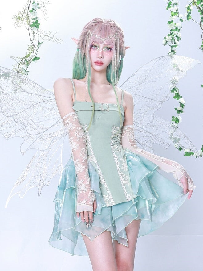 Lace Stitching Tie-Dye Print Suspender Dress