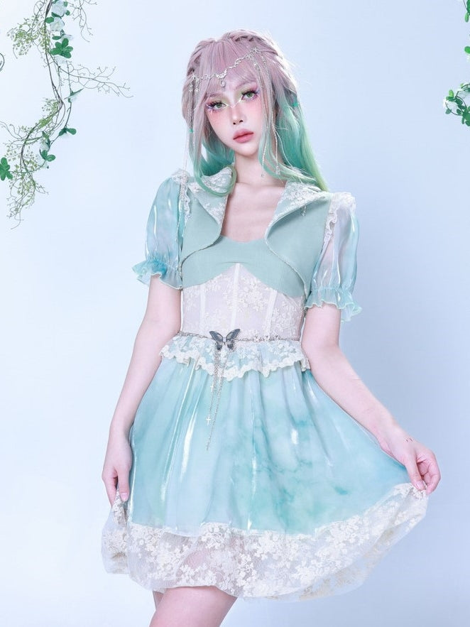 레이스 타이 염색 퍼프 슬리브 짧은 재킷