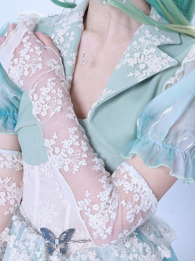 레이스 타이 염색 퍼프 슬리브 짧은 재킷