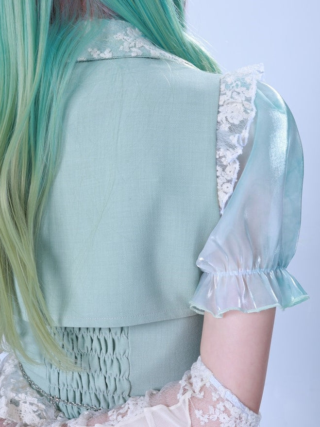 레이스 타이 염색 퍼프 슬리브 짧은 재킷