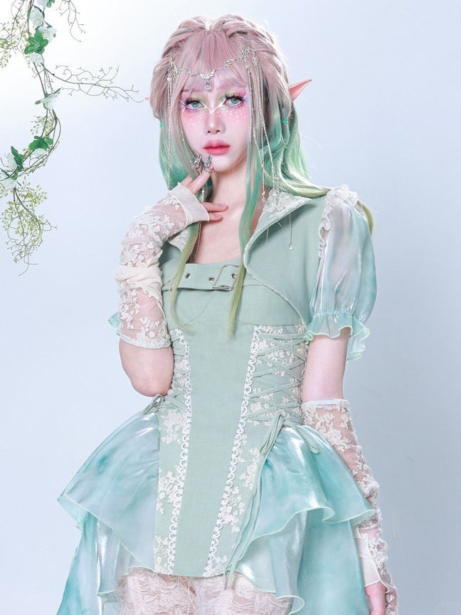 레이스 타이 염색 퍼프 슬리브 짧은 재킷