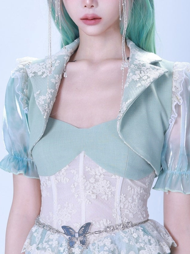 레이스 타이 염색 퍼프 슬리브 짧은 재킷