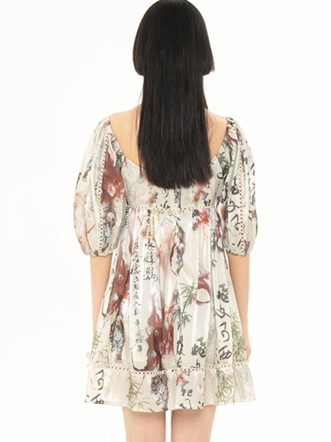 중국 스타일 프린트 퍼프 슬리브 드레스