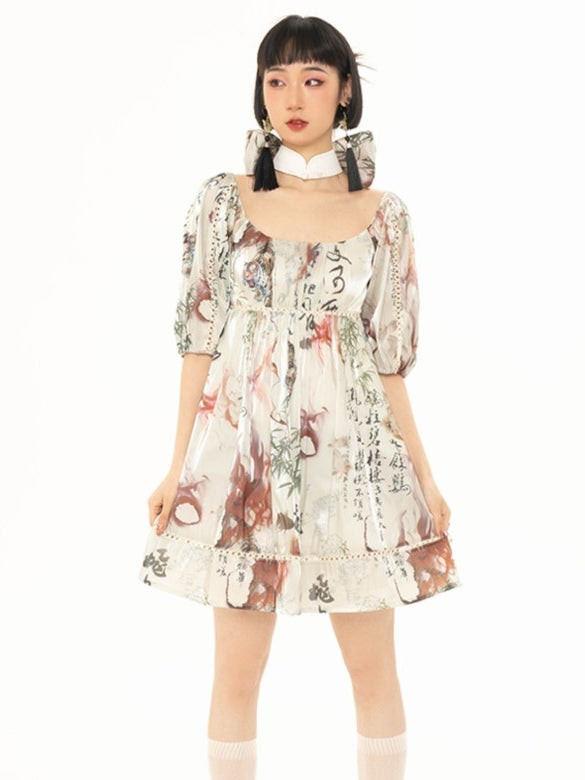 중국 스타일 프린트 퍼프 슬리브 드레스