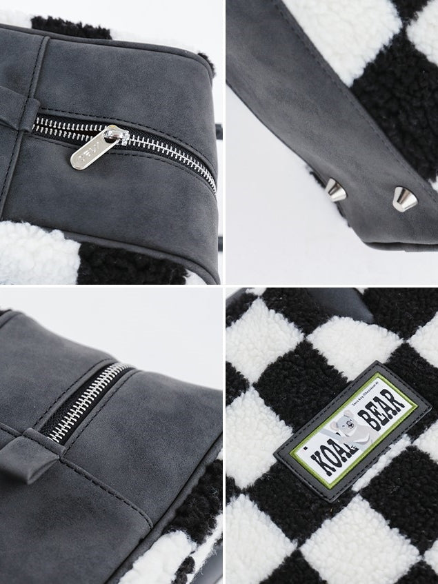 격자 무늬 지퍼 토트 백