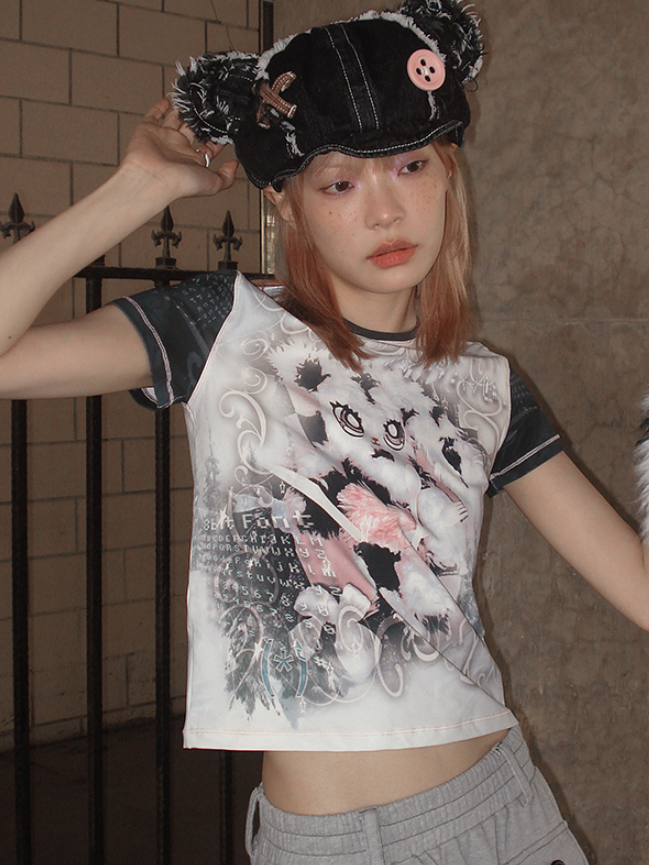 버니 프린트 짧은 슬리브 티셔츠