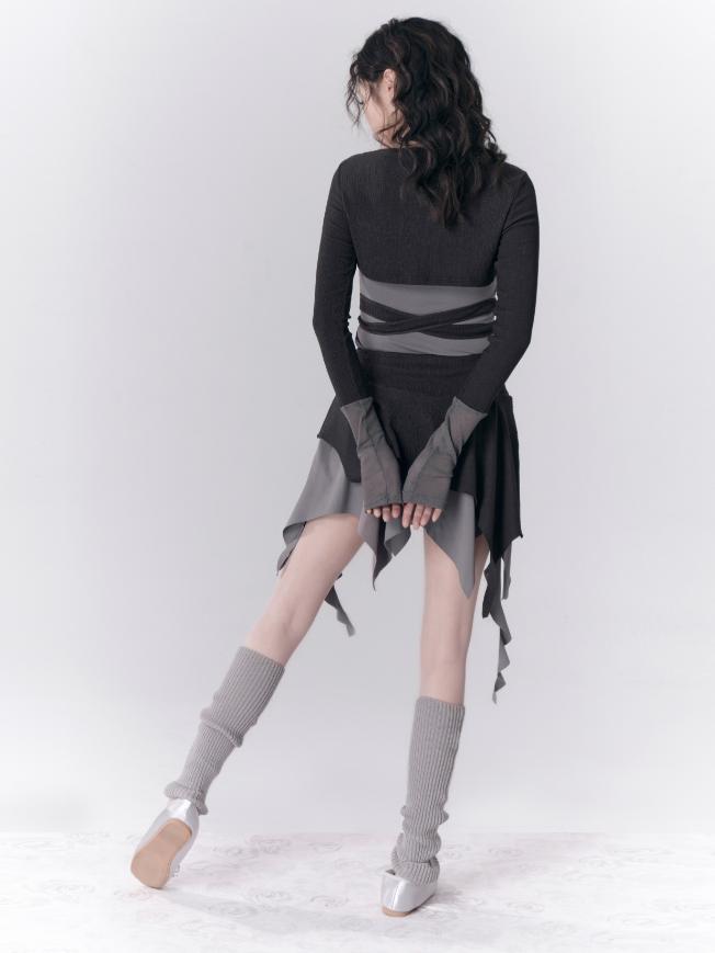 COLOR-MATCHED STRAPPY KNITTED SHORT TOP & ASYMMETRY SKIRT