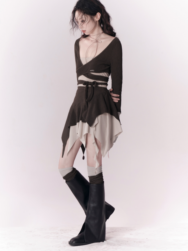 COLOR-MATCHED STRAPPY KNITTED SHORT TOP & ASYMMETRY SKIRT