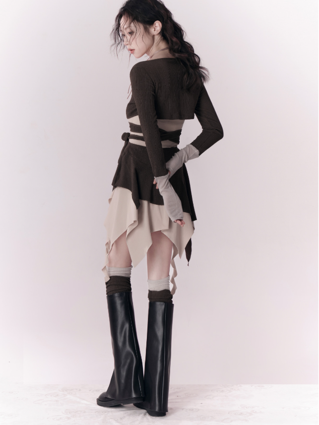 COLOR-MATCHED STRAPPY KNITTED SHORT TOP & ASYMMETRY SKIRT