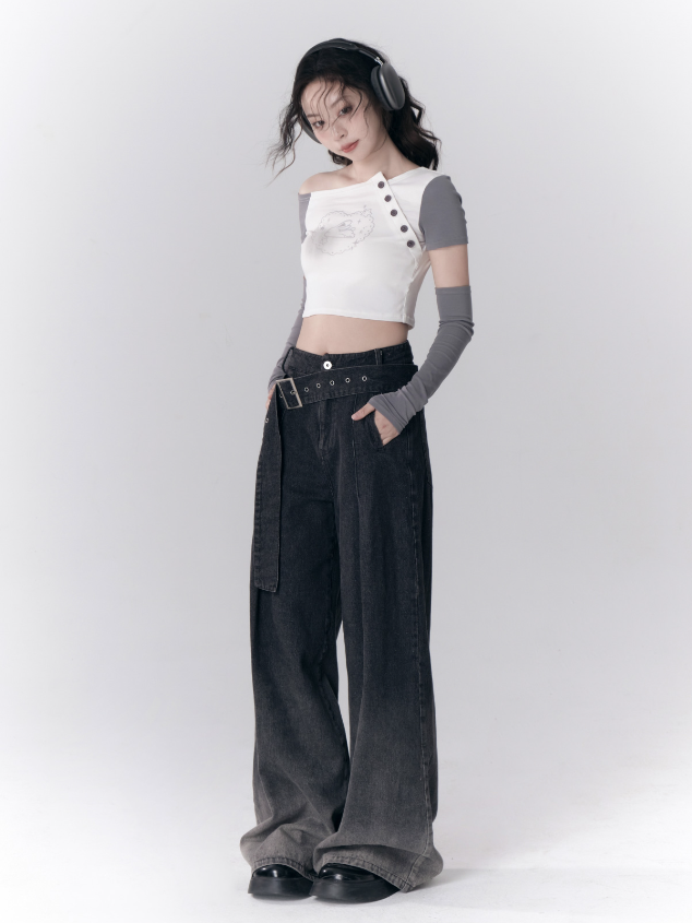 비대칭 끈이없는 슬리브 티셔츠