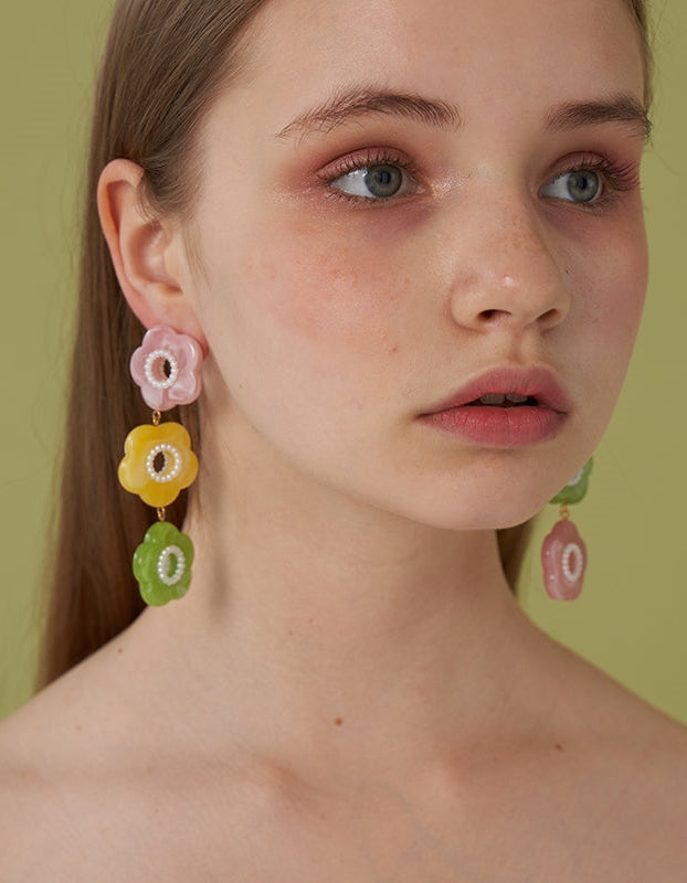 3 색 피는 꽃 긴 귀걸이