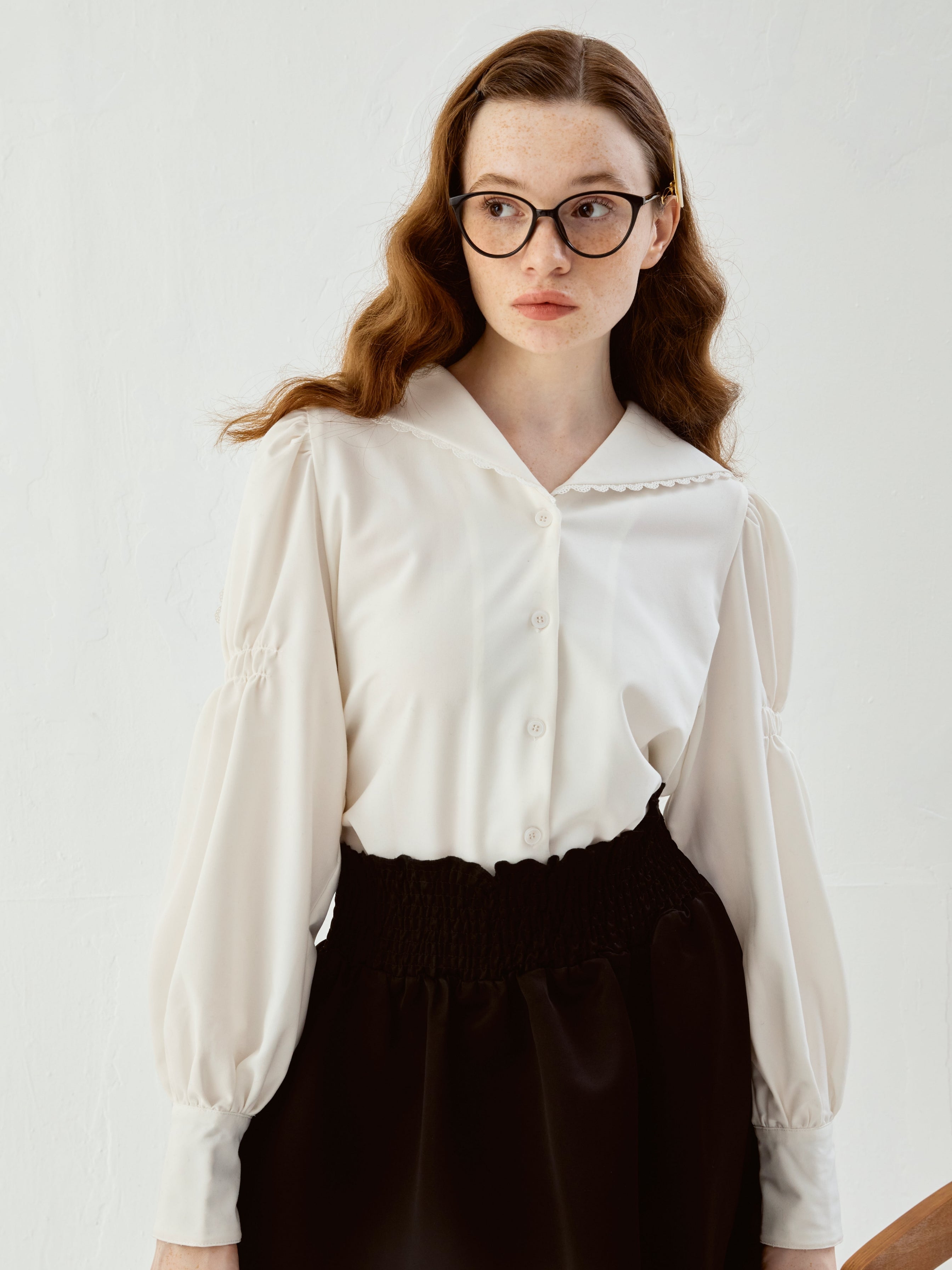 Lace Navy Kragen Puffhemd Hemd