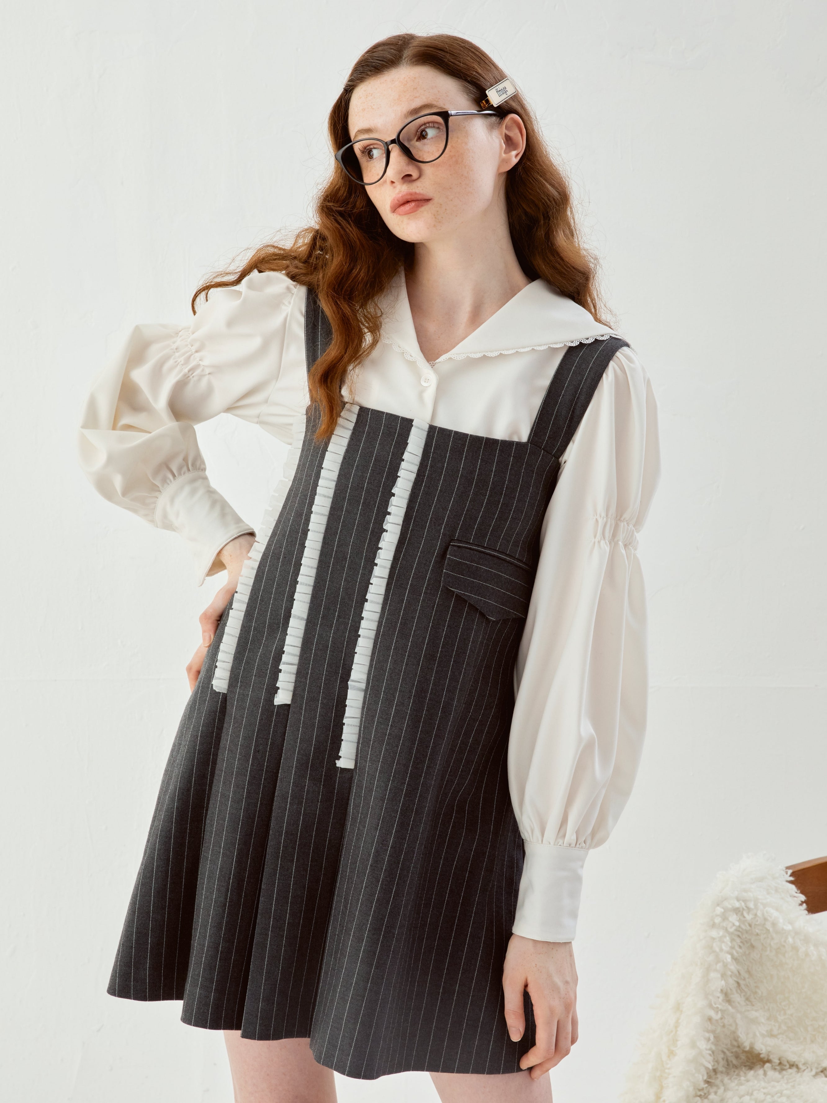 Lace Navy Kragen Puffhemd Hemd