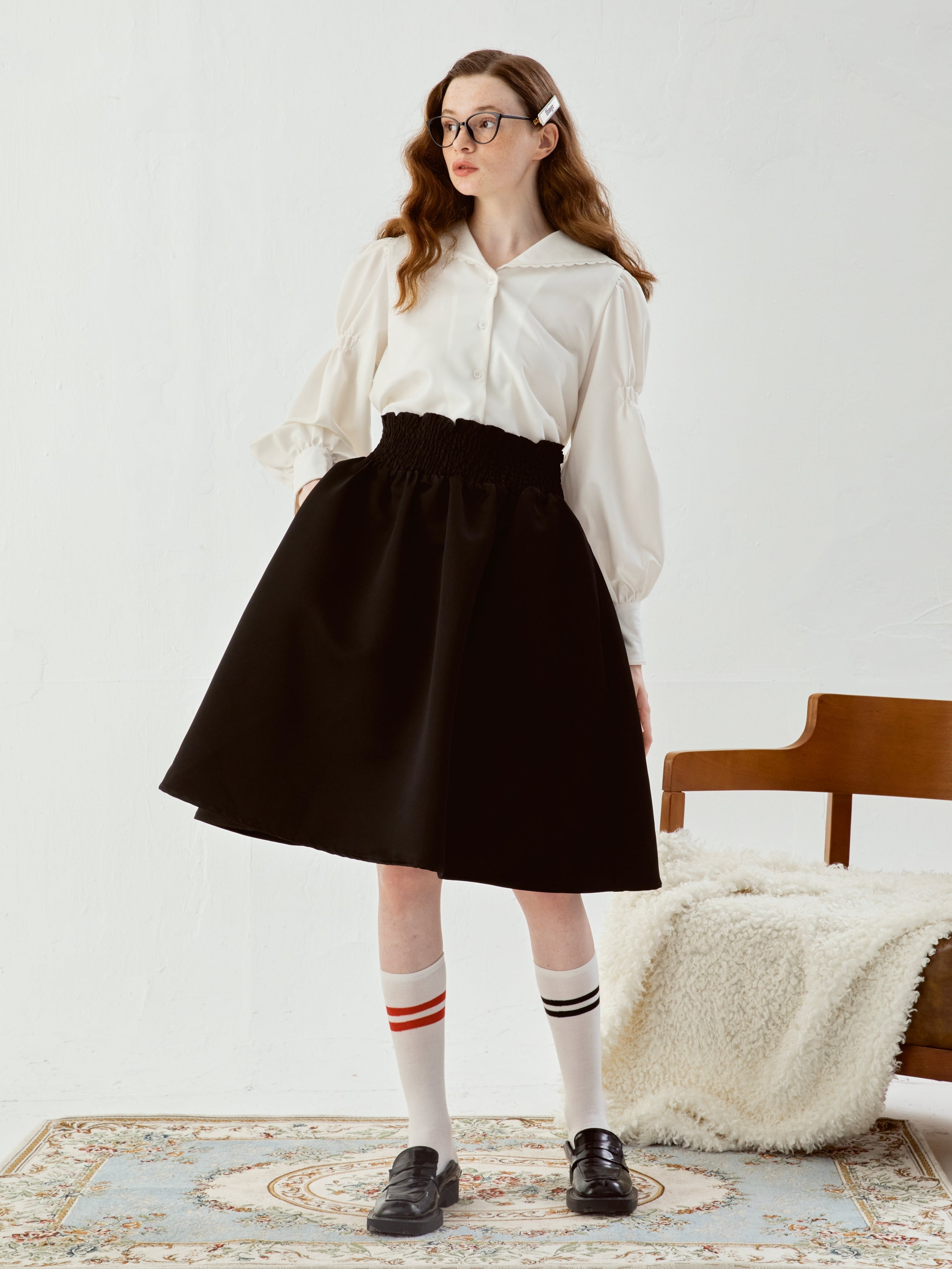 Lace Navy Kragen Puffhemd Hemd