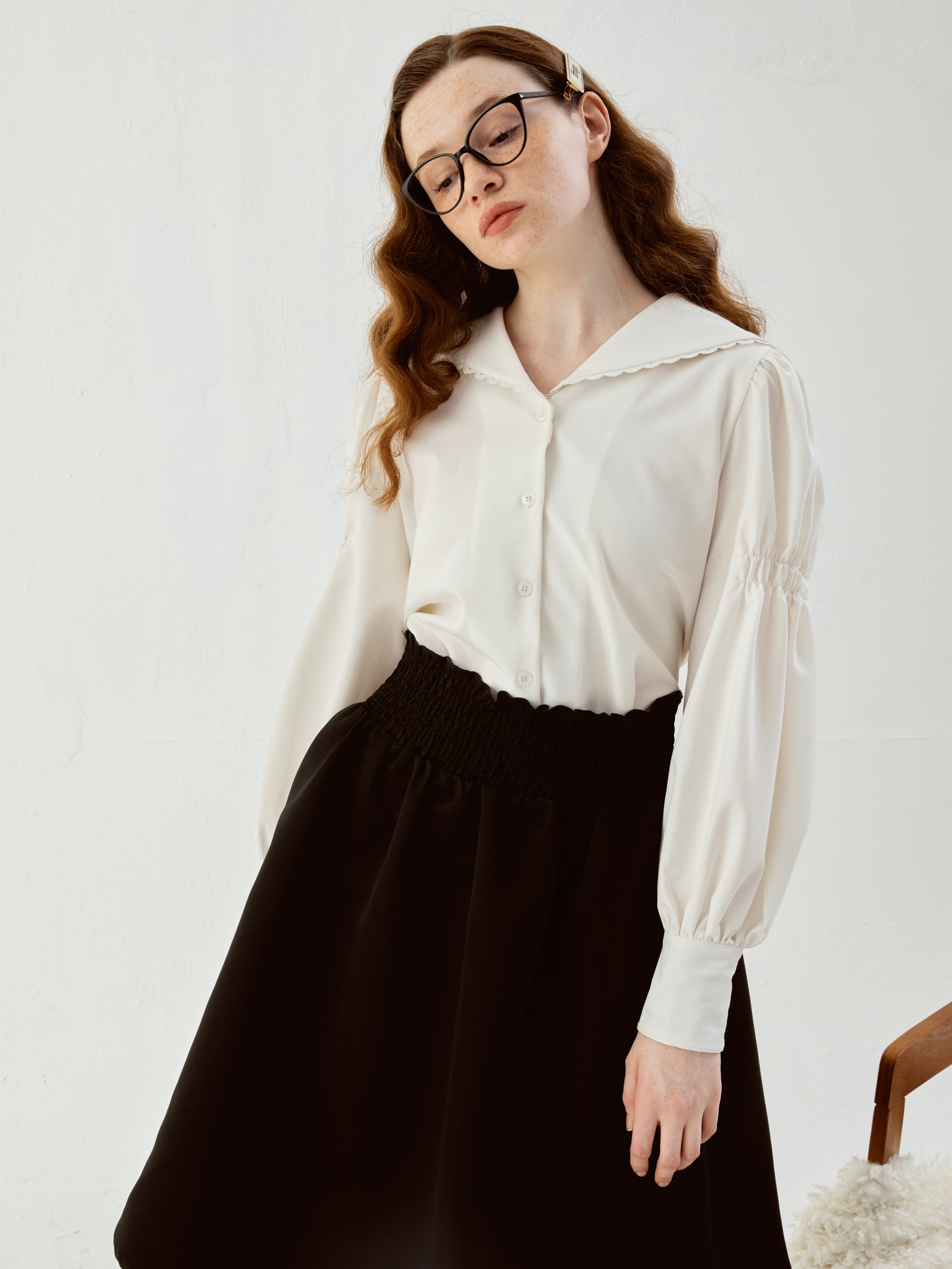 Lace Navy Kragen Puffhemd Hemd