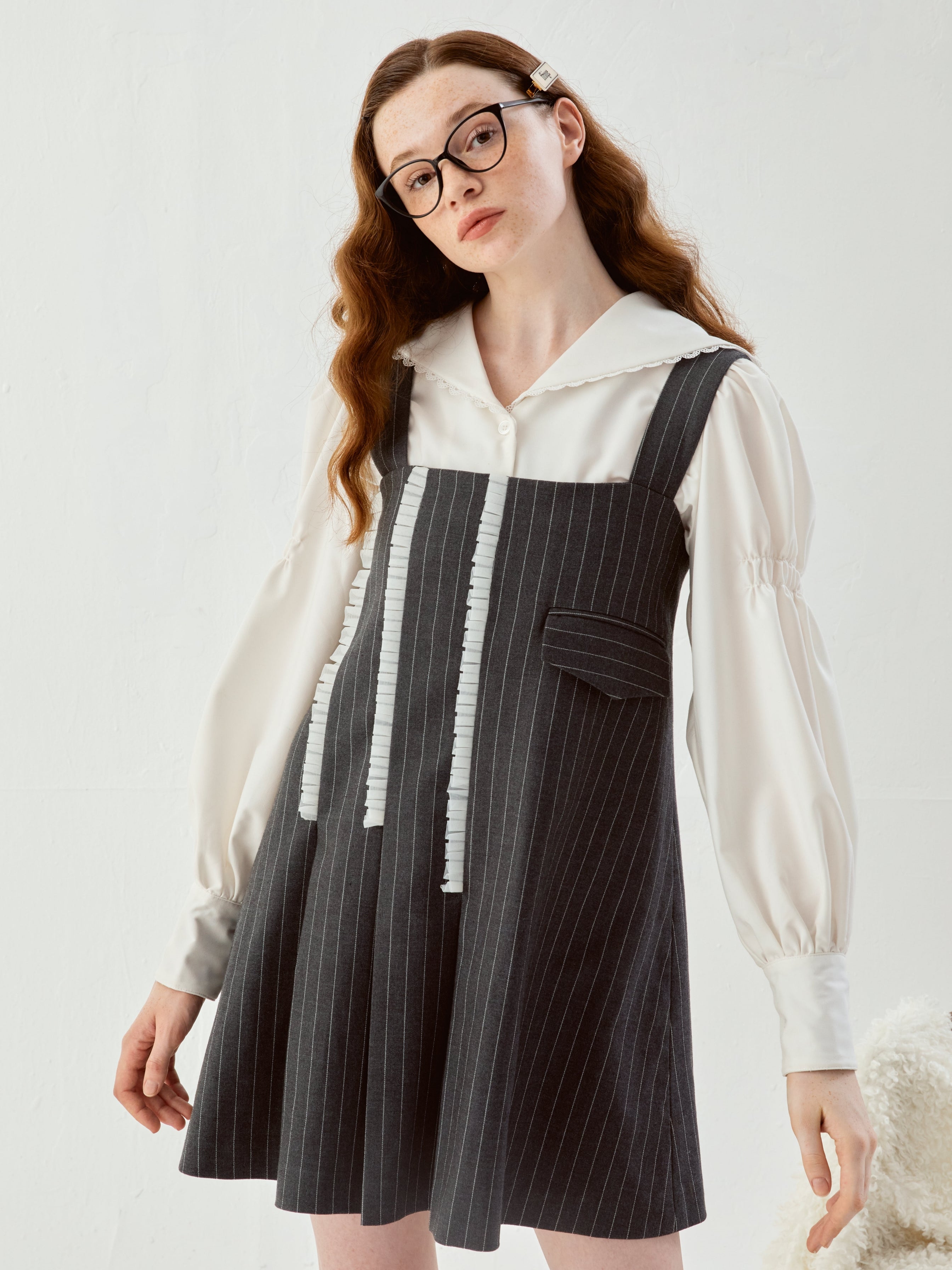 Lace Navy Kragen Puffhemd Hemd