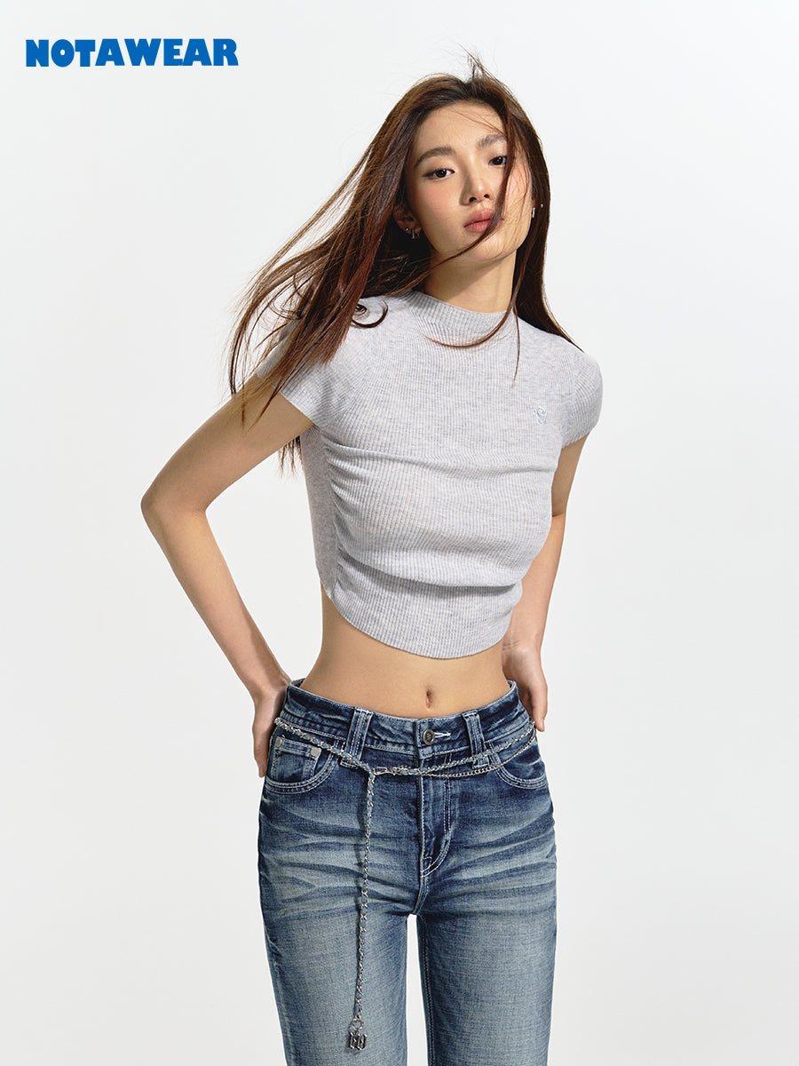 Cropped Bottle-Neck Tight Slim-fit Casual T-Shirt