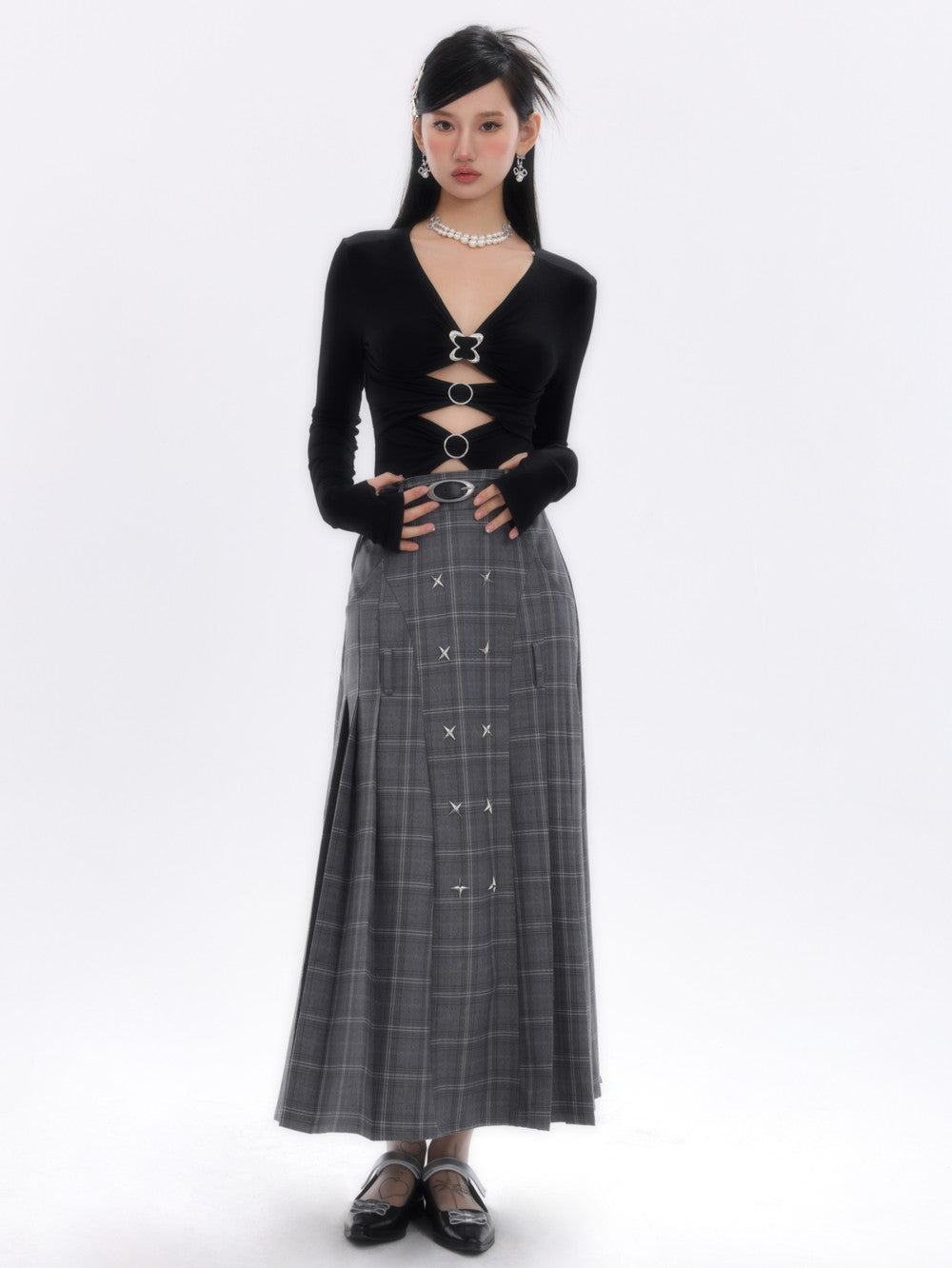 Checked Long Pleats Belt Flare-Skirt